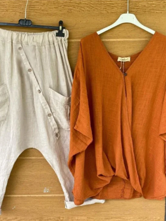 Women's Solid Color V-Neck Half Sleeve Sets