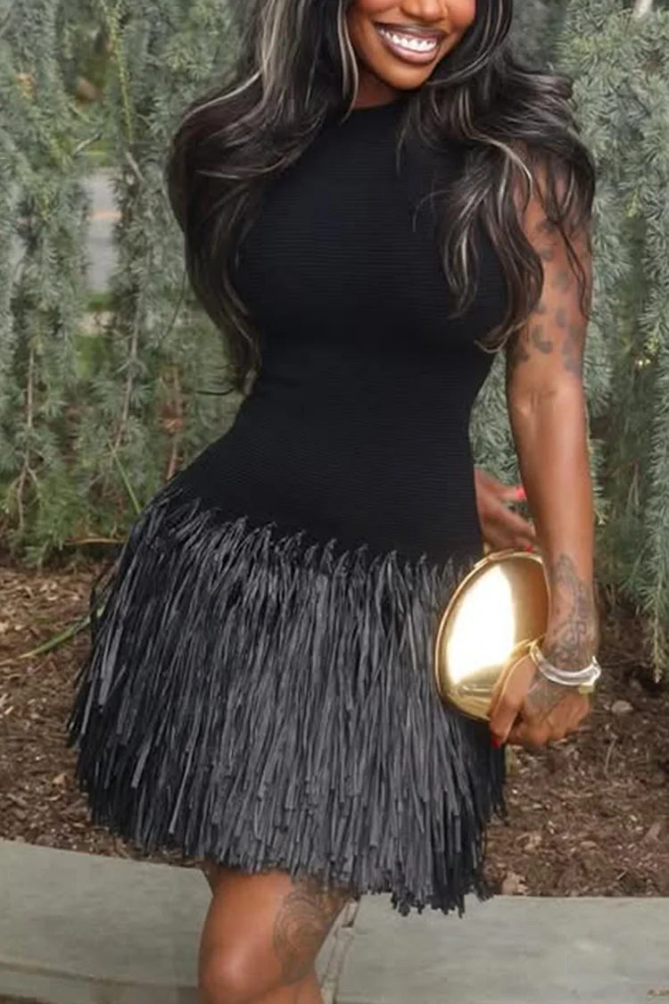 Plus Size Party Black Elegant Round Neck Strappy Mini Dresses [Pre-Order]