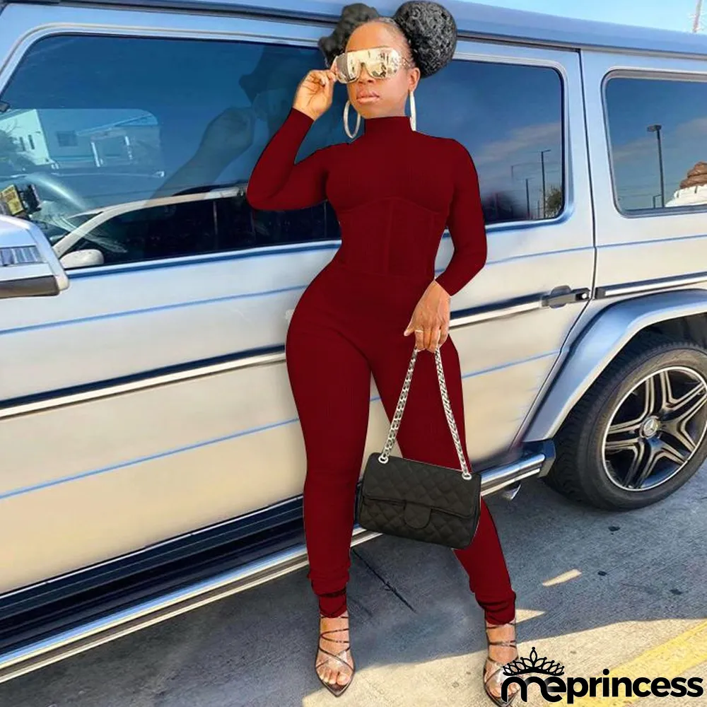 Hot Sale High Neck Nude Back Sexy Solid Color Small Pit Strip Jumpsuit