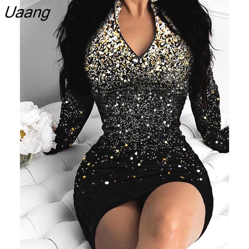 Uaang Women Elegant Print Zipper Detail Long Sleeve Party Dress