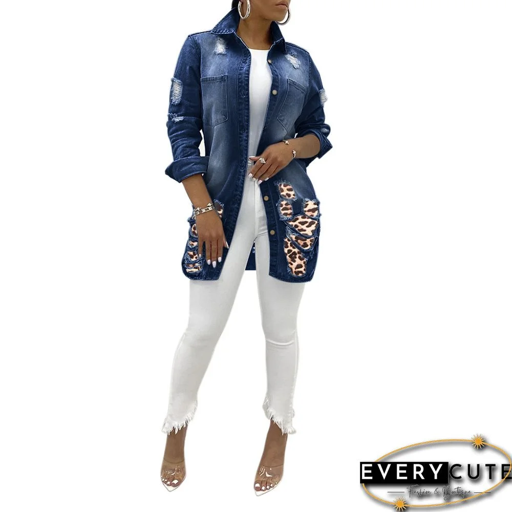 Navy Blue Spliced Leopard Patches Denim Jacket