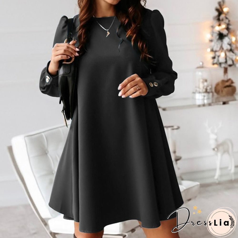 Womens O Neck Solid Loose Casual Party Cocktail Dress A Line Evening Mini Dress
