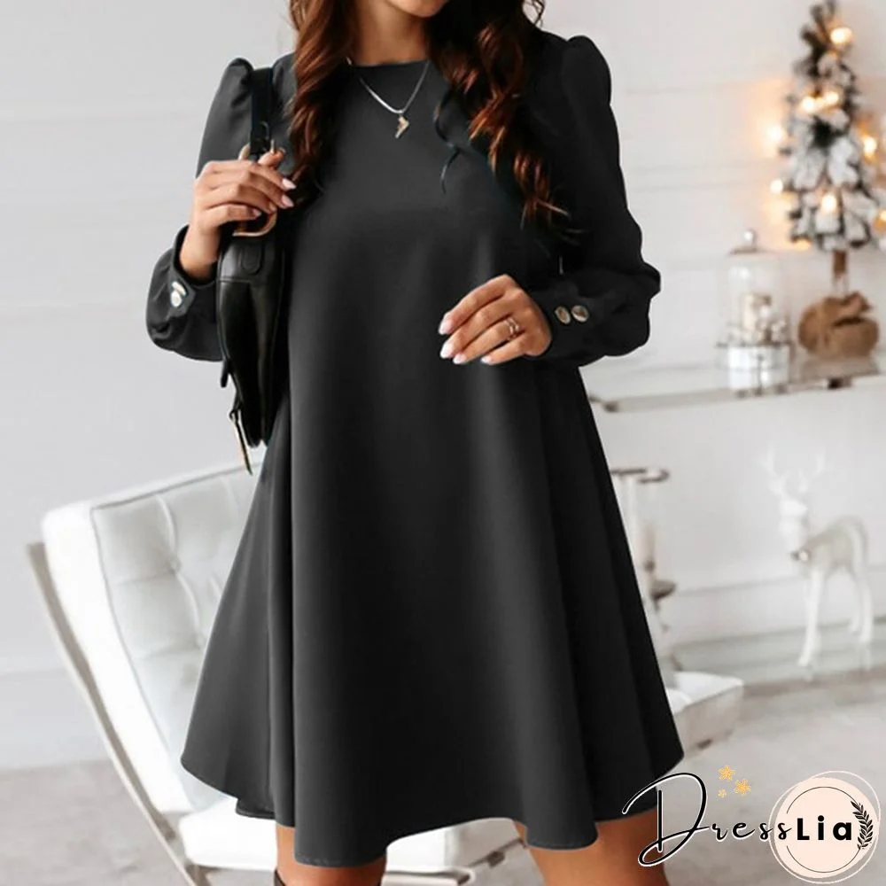 Womens O Neck Solid Loose Casual Party Cocktail Dress A Line Evening Mini Dress