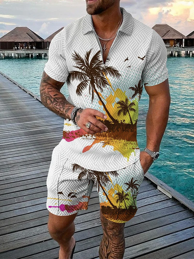 Men's Coconut Tree Printed Zip Polo Shirt and Shorts Two-Piece Suits