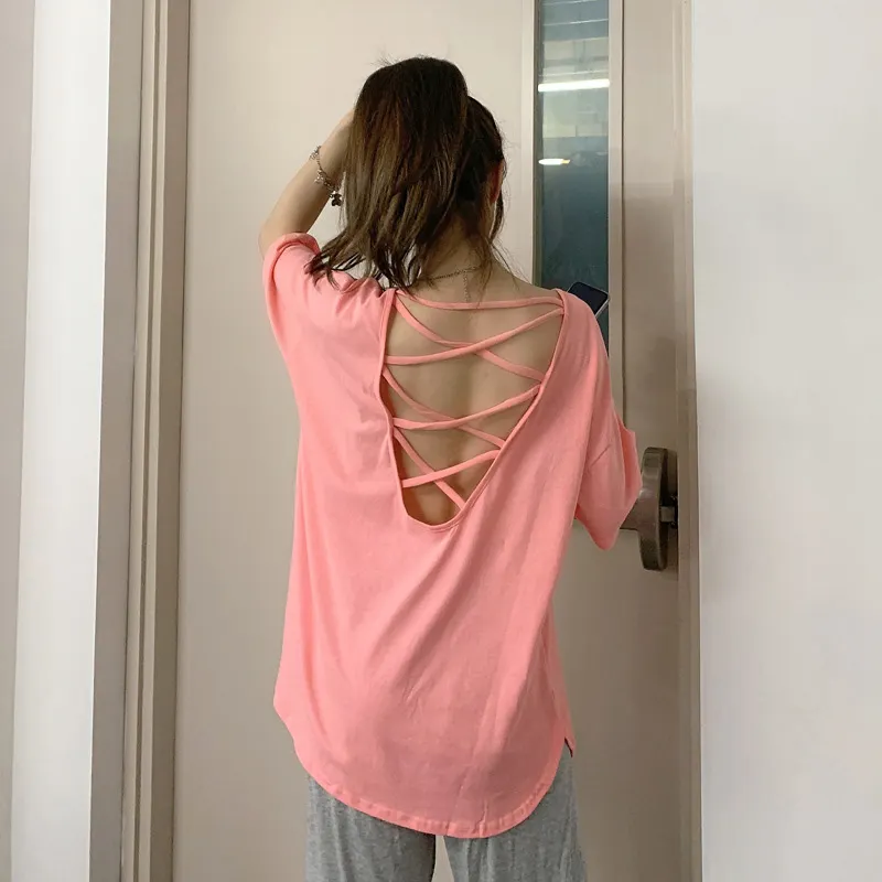 Backless Pure Color Loose T-Shirt