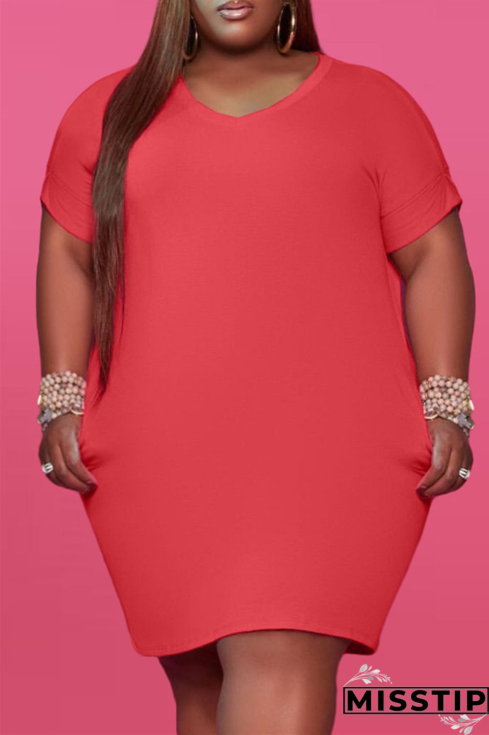 Red Fashion Casual Plus Size Solid Basic V Neck Short Sleeve Dress