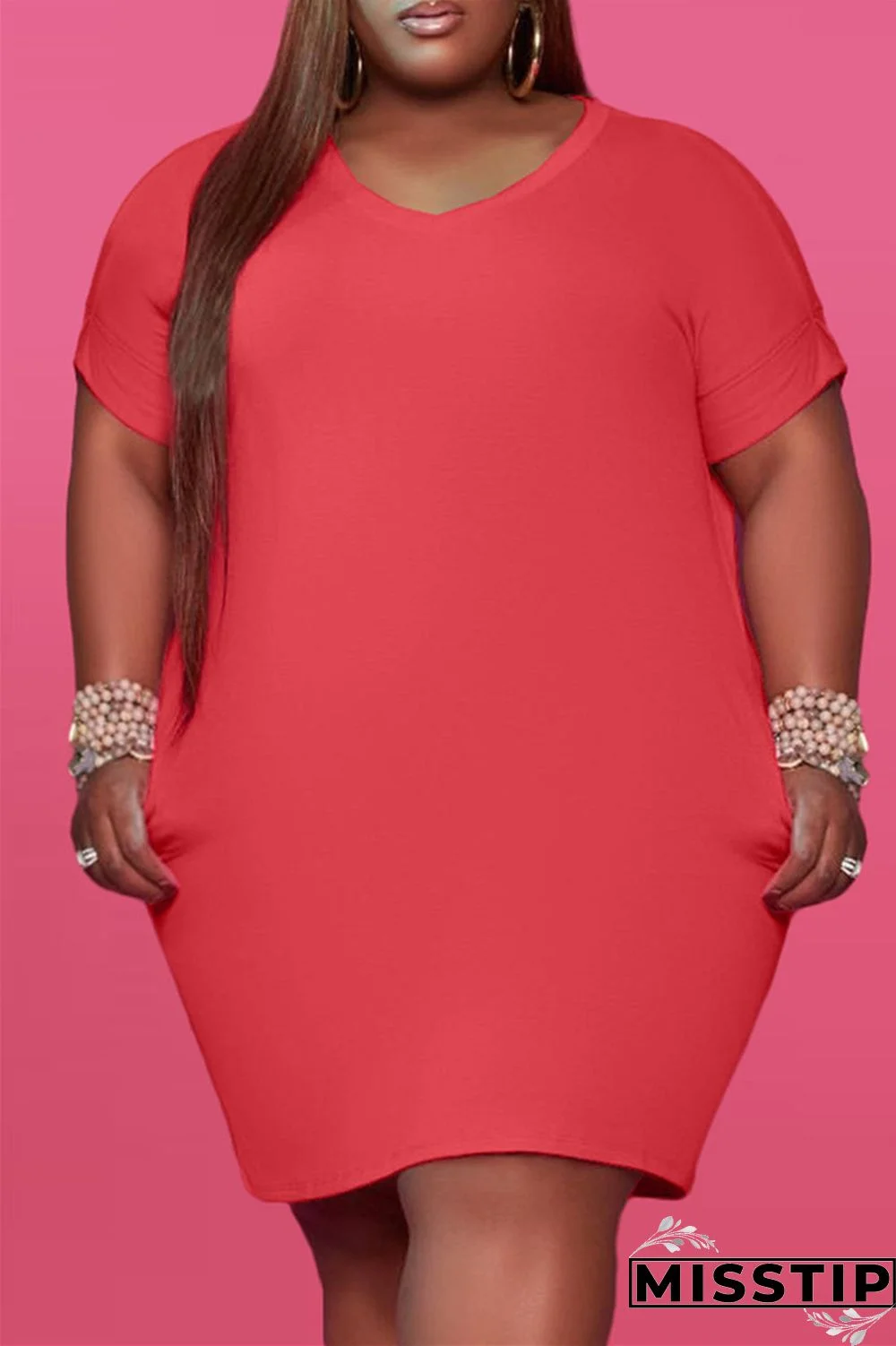 Red Fashion Casual Plus Size Solid Basic V Neck Short Sleeve Dress