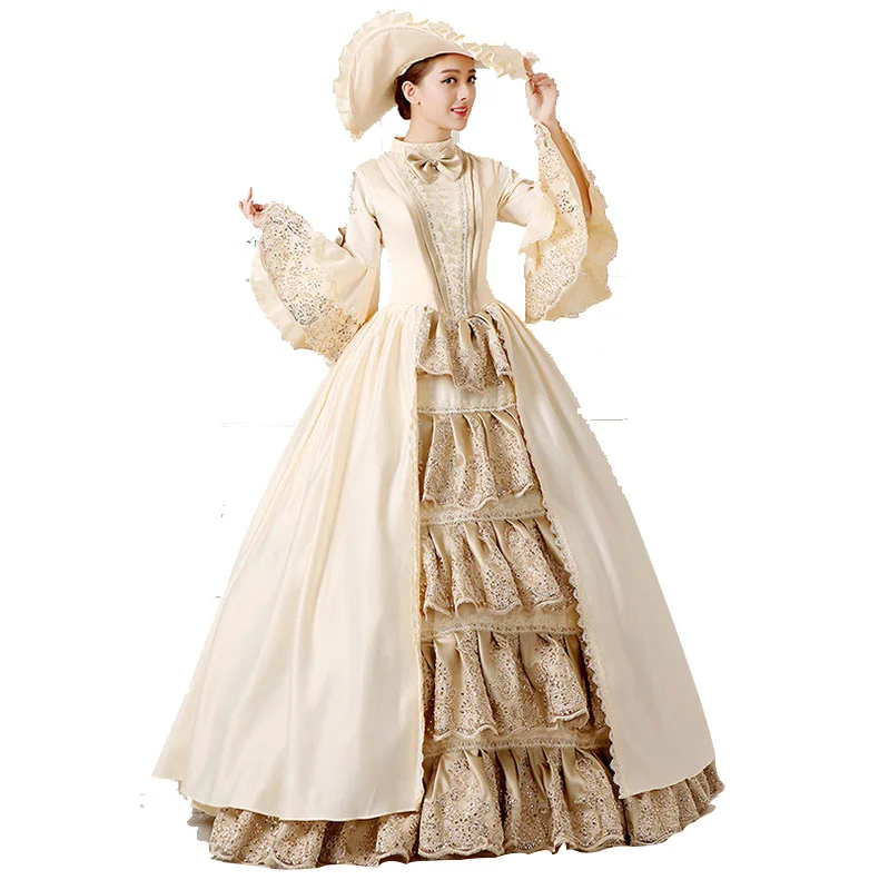 Champagne Marie Antoinette Retro Costumes Women Victorian Tiered Dress Masquerade Wedding Plus Size  Ball Gown Lace Dress Novameme