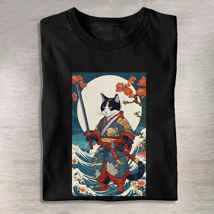 100% Cotton Japanese Style Ancient Moonlit Samurai Cat Print T-shirt
