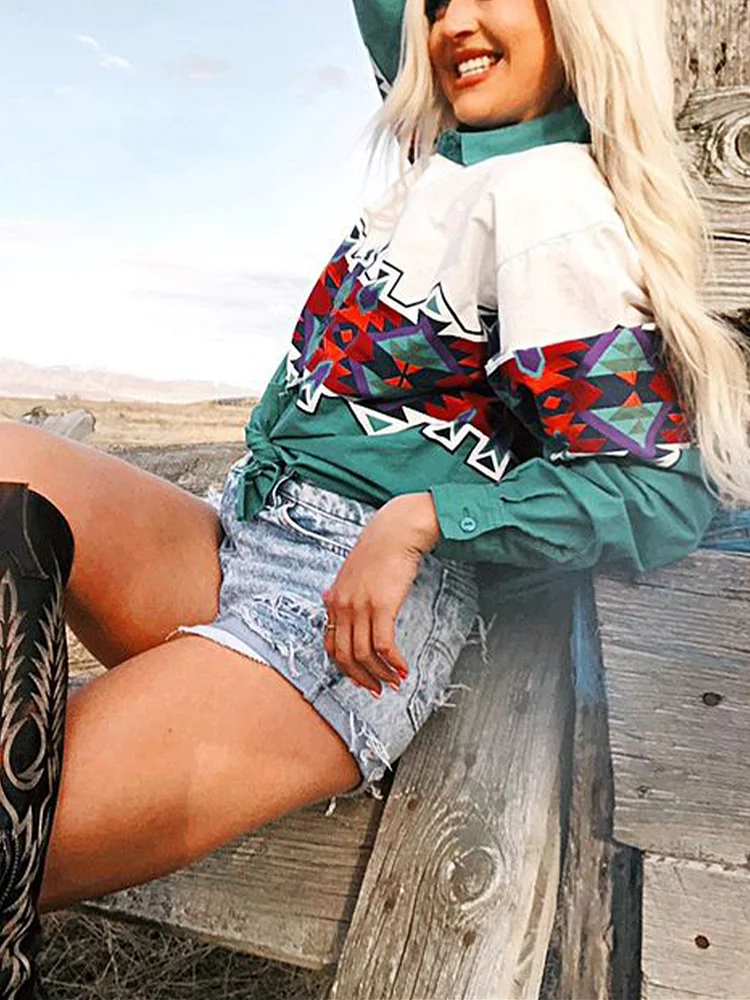 Green  Western Aztec Print Long Sleeve Shirt