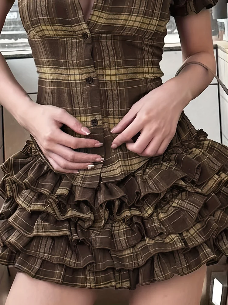 Elegant Brown Plaid Mini Skirt | 2025 Summer Women's - Elastic Waist Tiered Ruffled Layers, Machine Washable For Daily Outfits & Casual To Semi-Formal Wear, Cute Skirts, Nontransparent Fabric
