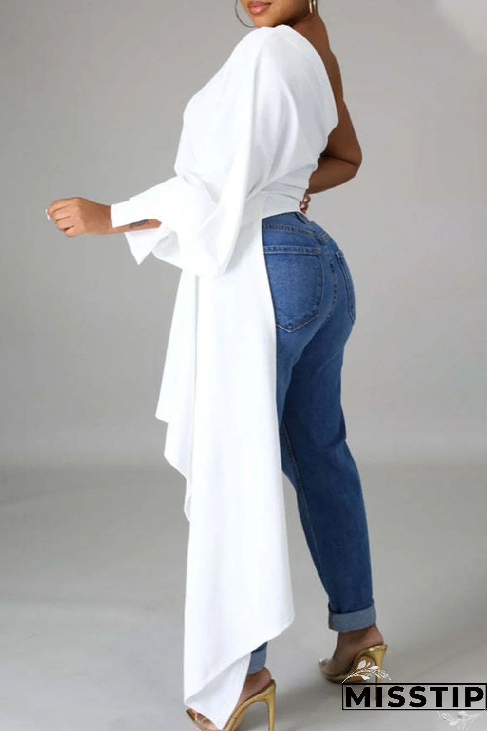 Black Casual Solid Patchwork Asymmetrical Oblique Collar Tops