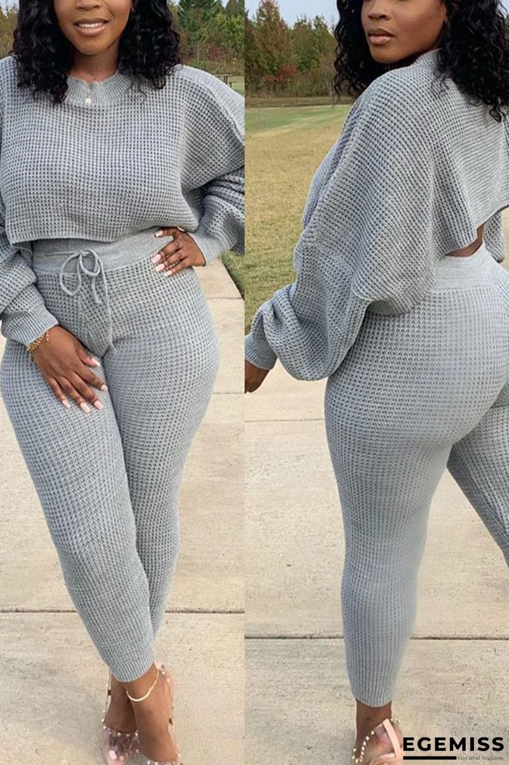 Grey Casual Solid O Neck Long Sleeve Regular Sleeve Short Two Pieces | EGEMISS
