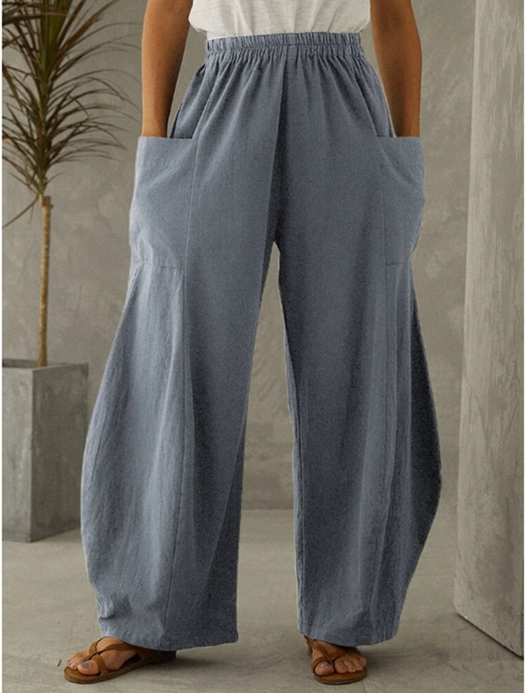 Solid Color. Pocket Elastic Waist Casual Trousers Pants