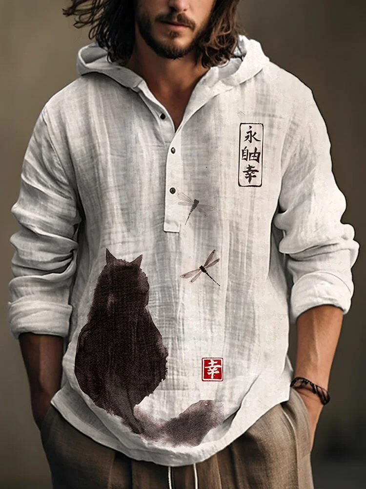 Japanese Art Cat Print Linen Blend Hoodie