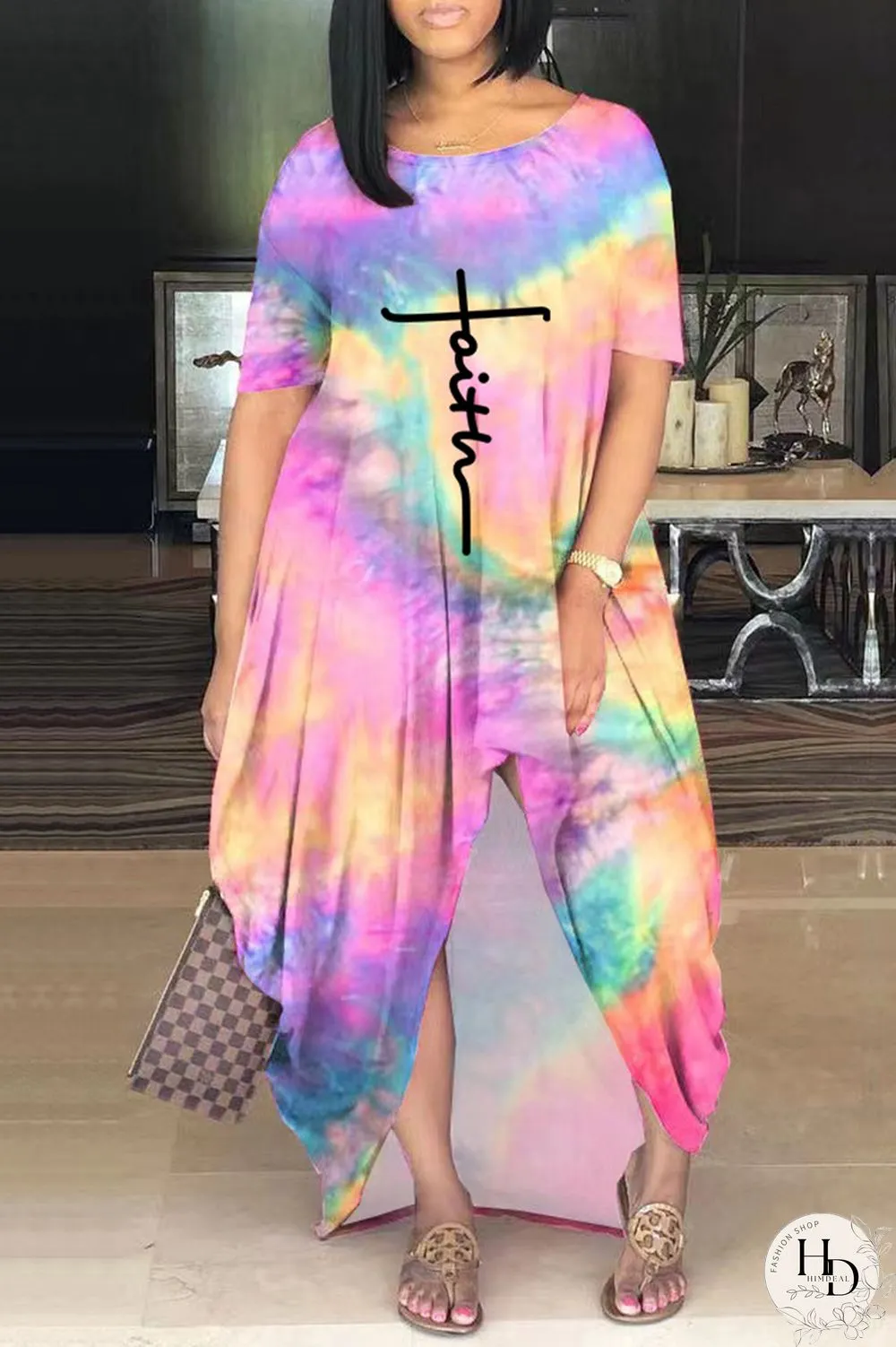 Purple Casual Print Tie-dye O Neck Short Sleeve Dress