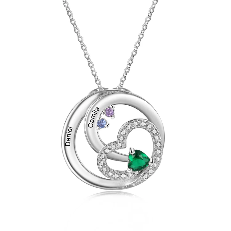Personalized Circle Necklace Engraved 2 Names with Birthstones Family Necklace