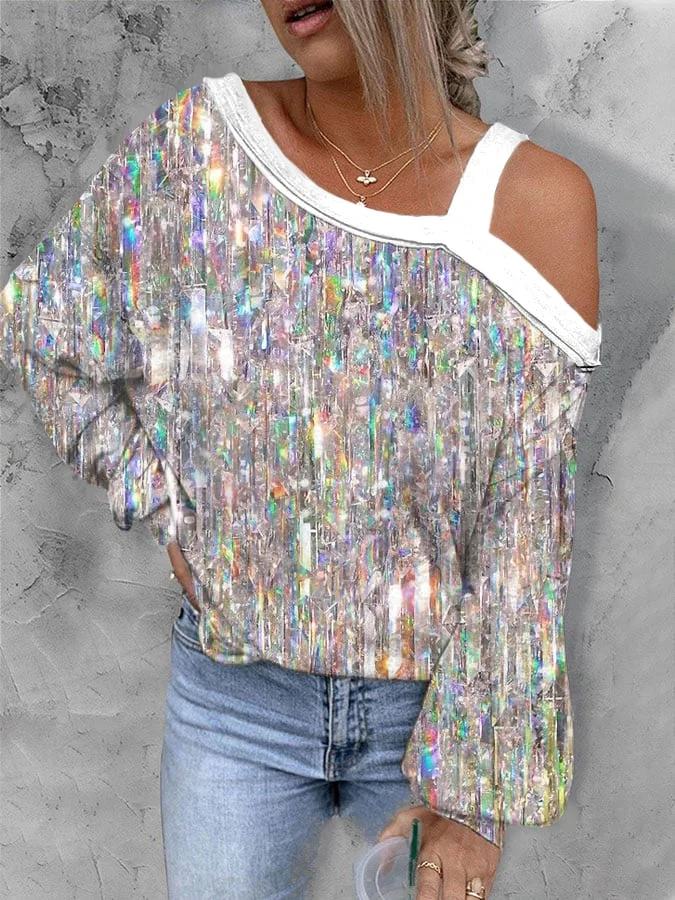Shiny Print Casual Balloon Sleeve T-Shirt