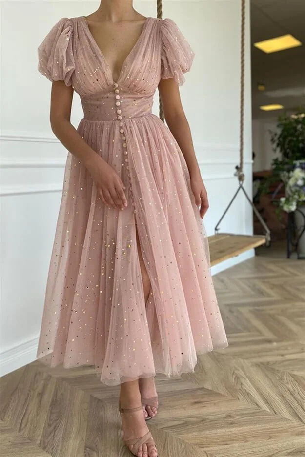 Miabel Elegant Pink V-Neck Short Sleeves Prom Dress With Sequins Taupe