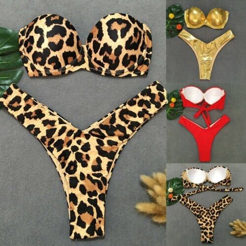 Padded Bra Leopard Strapless Bikini Set Swimsuit Women Bandage Push-up Triangle Swimwear Bathing