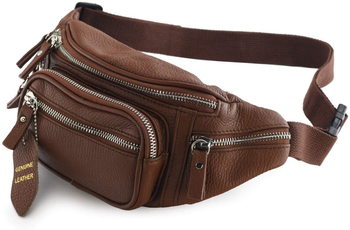 Fanny Pack Waist Bag Multifunction Genuine Leather Hip Bum Bag Travel Pouch for Men and Women- Multiple Pockets & Sturdy Zippers Ideal for Hiking Running And Cycling