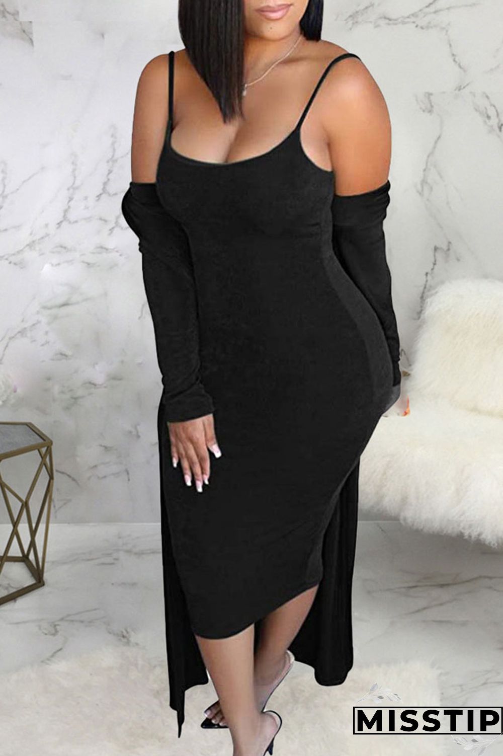 Black Casual Solid Patchwork Spaghetti Strap Long Sleeve Two Pieces