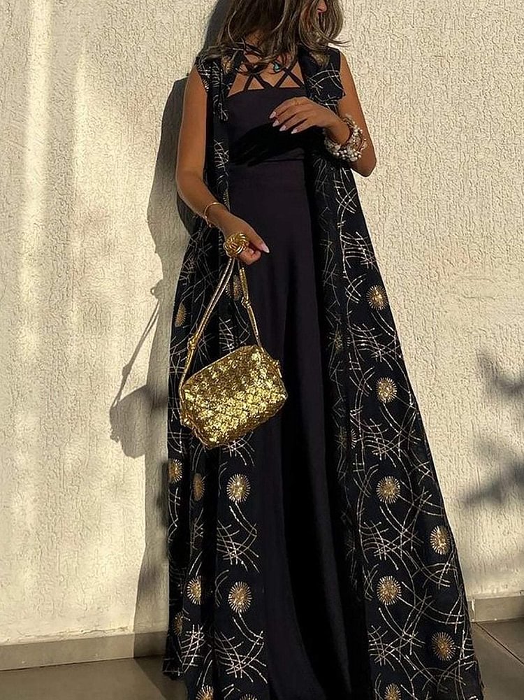 Elegant Crossover Sling Dress and Irregular Printed Outwear Two-Piece Set