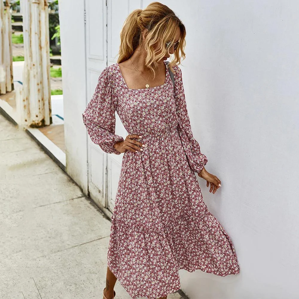 Dainty Floral Print Square Collar Long Sleeve Dress