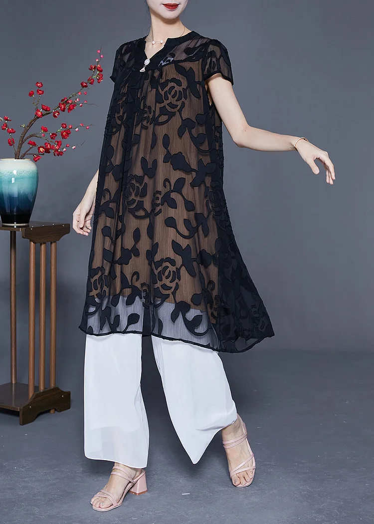 Fashion Black Embroideried Oversized Tulle Dress Summer