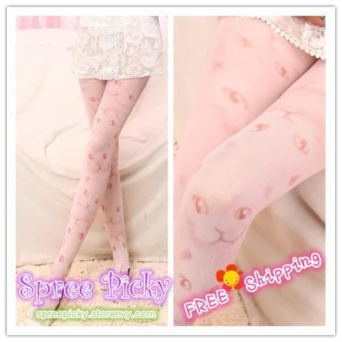 Final Stock! Cat Faces Pale Pink Printing Tights free shipping SP130025