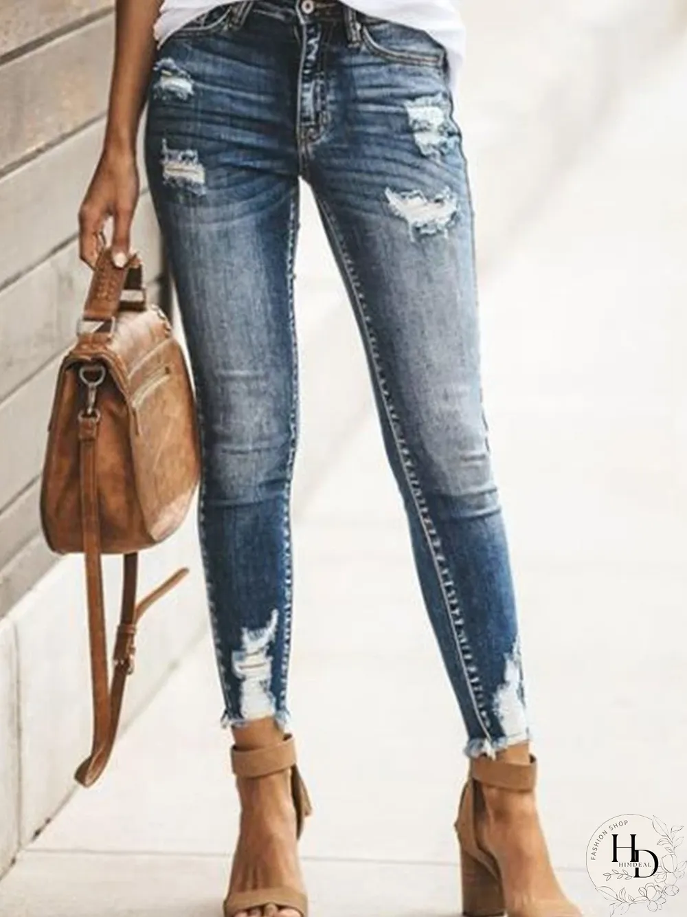 Casual Distressed Mid-rise Ripped Skinny Jeans P10495
