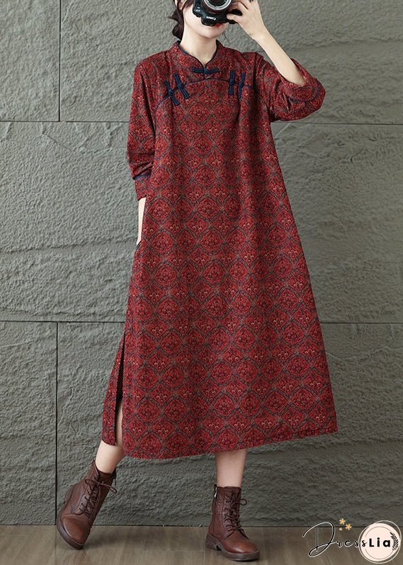 Vintage Red Stand Collar Print Oriental Button Cotton Dress Fall