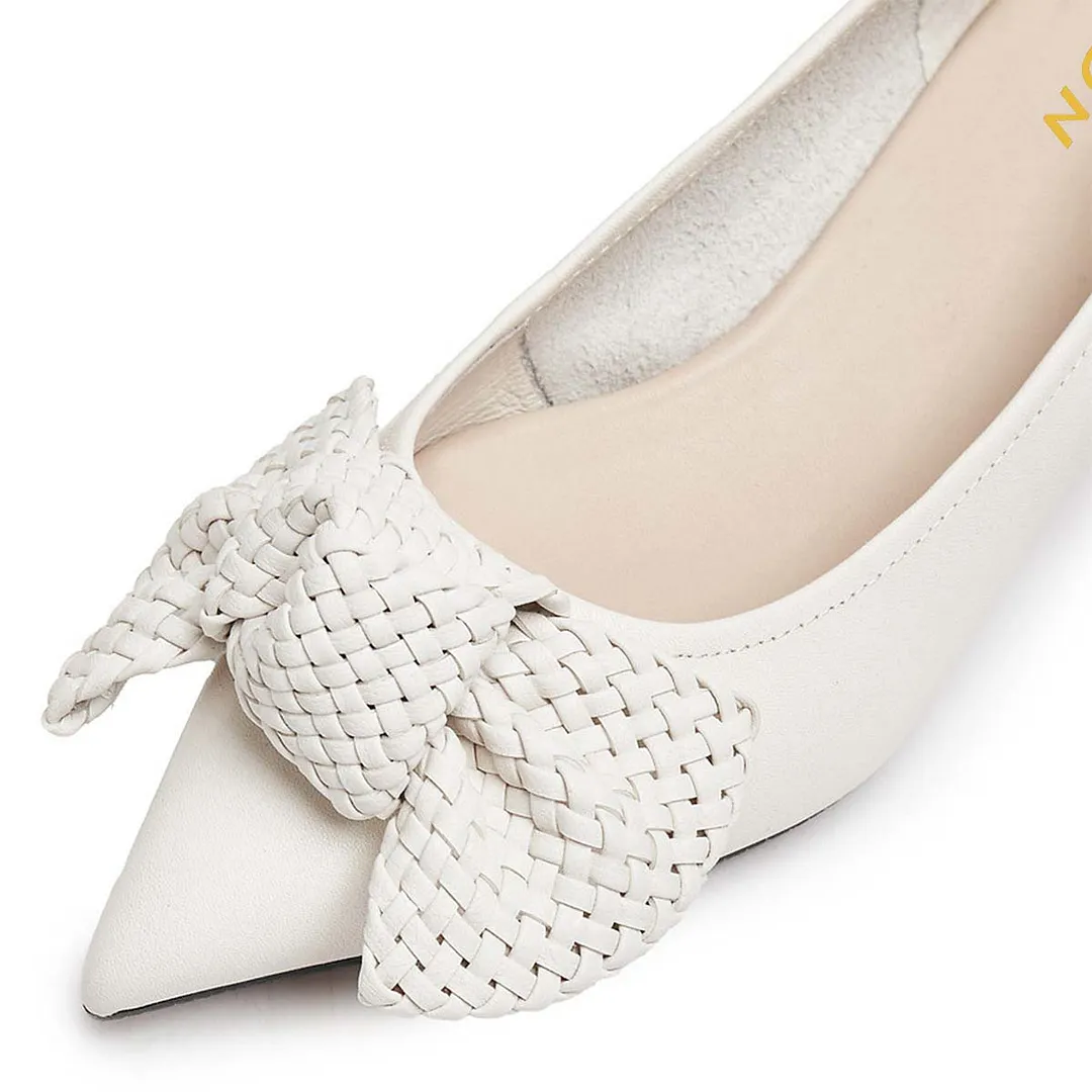 YDN White Pointed Toe Kitten Heel Pumps Shoes with Woven Bow