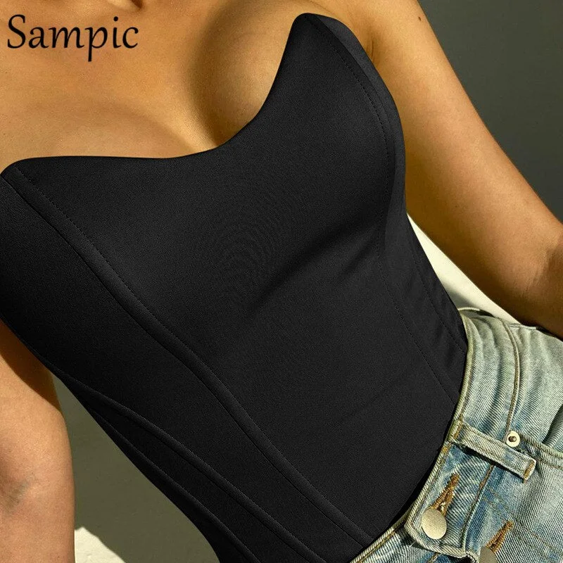 Sampic Sexy Ladies Y2K 2021 Summer Stain Black Skinny Chic Cropped Corset Top Women Mini Vest Off Shoulder Club Tank Tops