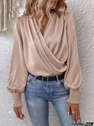 Surplice Smocked Lantern Sleeve Blouse