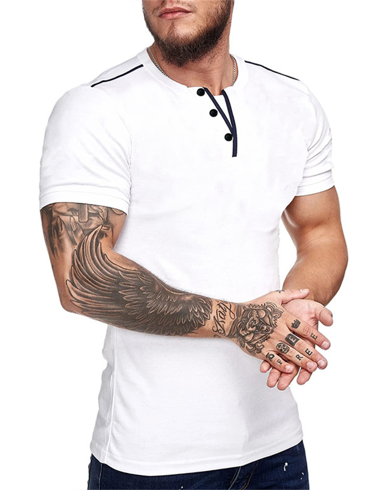 Summer New Men's Short-sleeved Fashion Urban Collarless Pullover T-shirt Clothing V-neck Henry Solid Color T-shirt X Slim-type Men