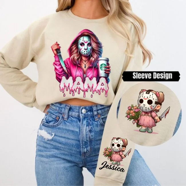 Horror MAMA Sweatshirt with Kid's Names on the Sleeve