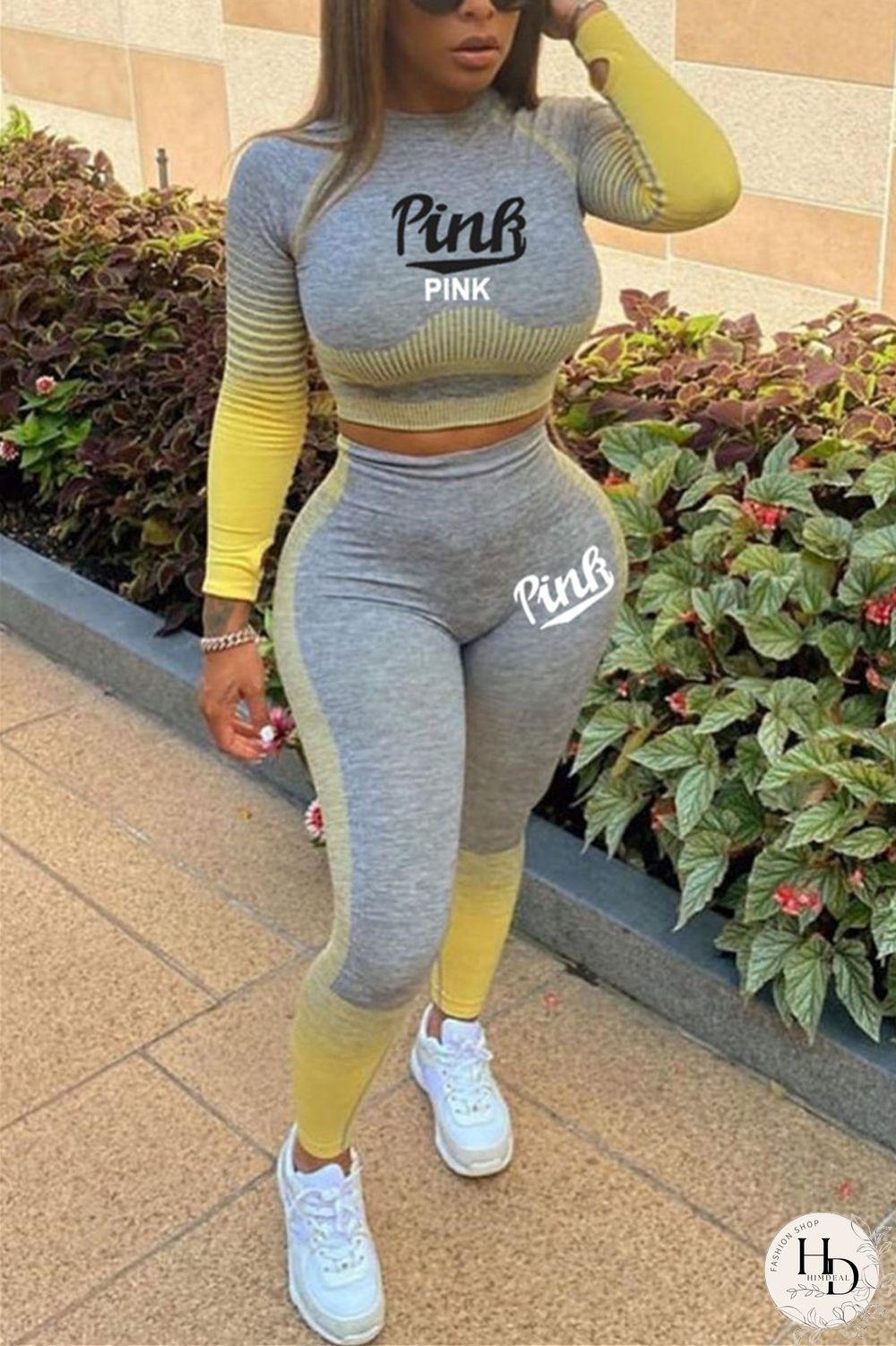 Yellow Fashion Casual Long Sleeve O Neck Regular Sleeve Short Letter Print Two Pieces