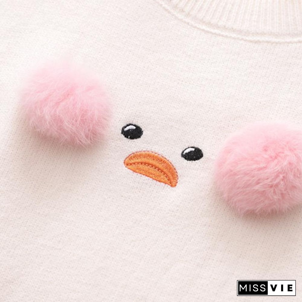 Duck Embroidery Fuzzy Ball Sweater