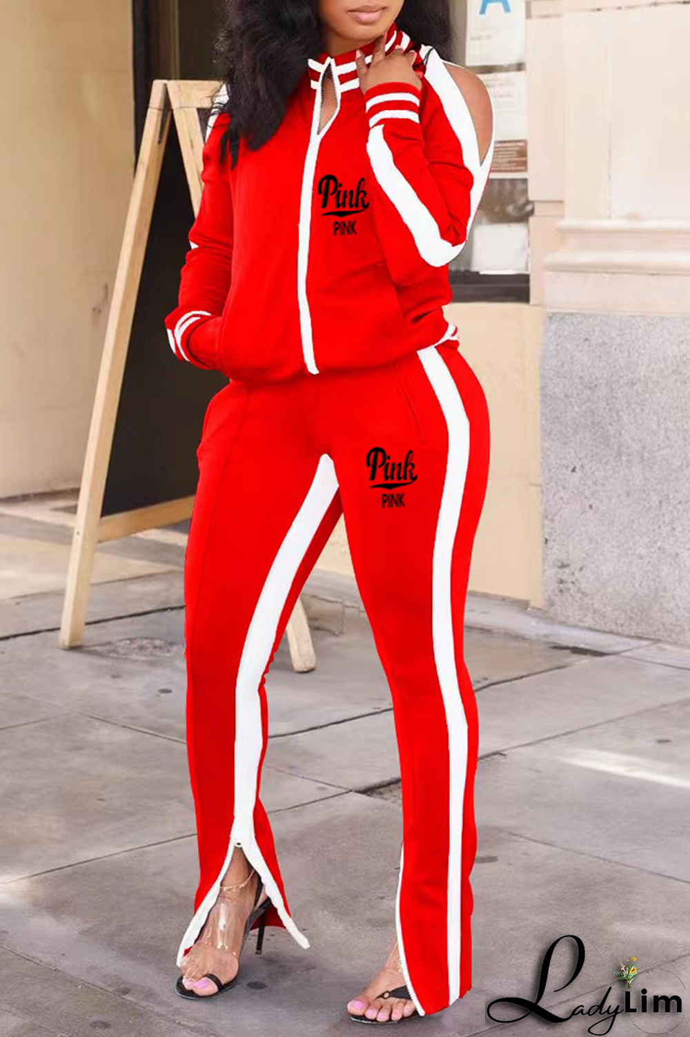 Black Yellow Casual Print Slit Zipper Collar Long Sleeve Two Pieces