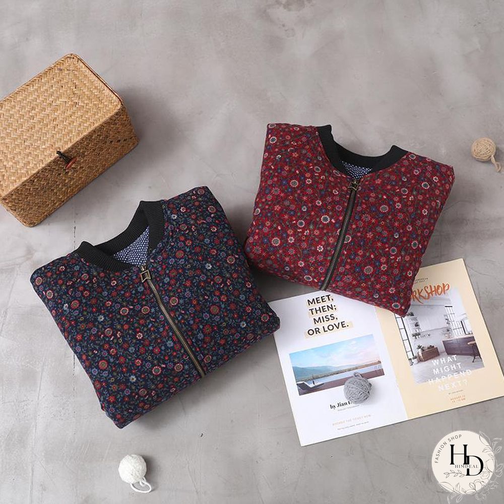 women plus size down jacket zippered outwear red floral patchwork o neck short coats