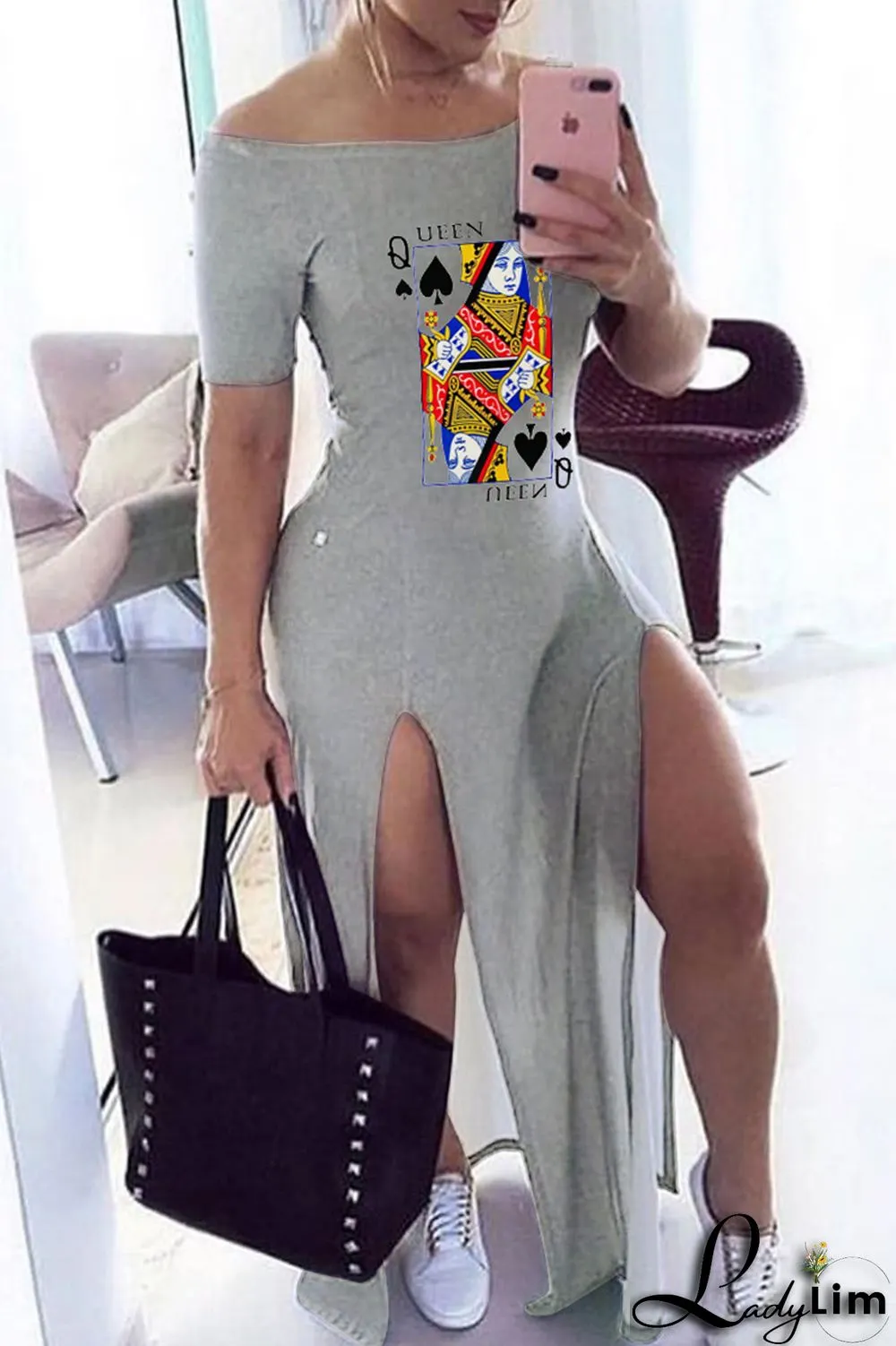 Yellow Fashion Casual Print Slit Off the Shoulder Short Sleeve Dress Dresses