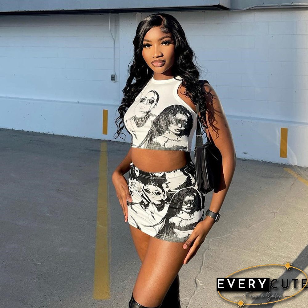 Women Graphic Outfit Y2k Aesthetic Print Crop Top And Mini Skirt Matching Set Punk Gothic Clothes Suit Clothing