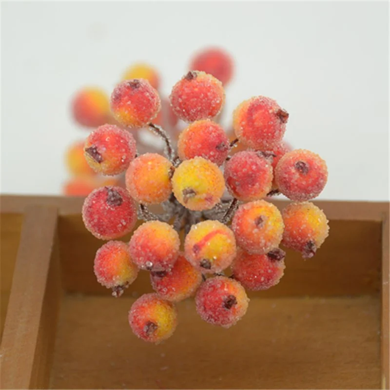 20pcs Mini Double Heads Artificial Glass Berries Pomegranate Red Cherry Bouquet Stamen Christmas Decorative DIY Craft Fake Fruit