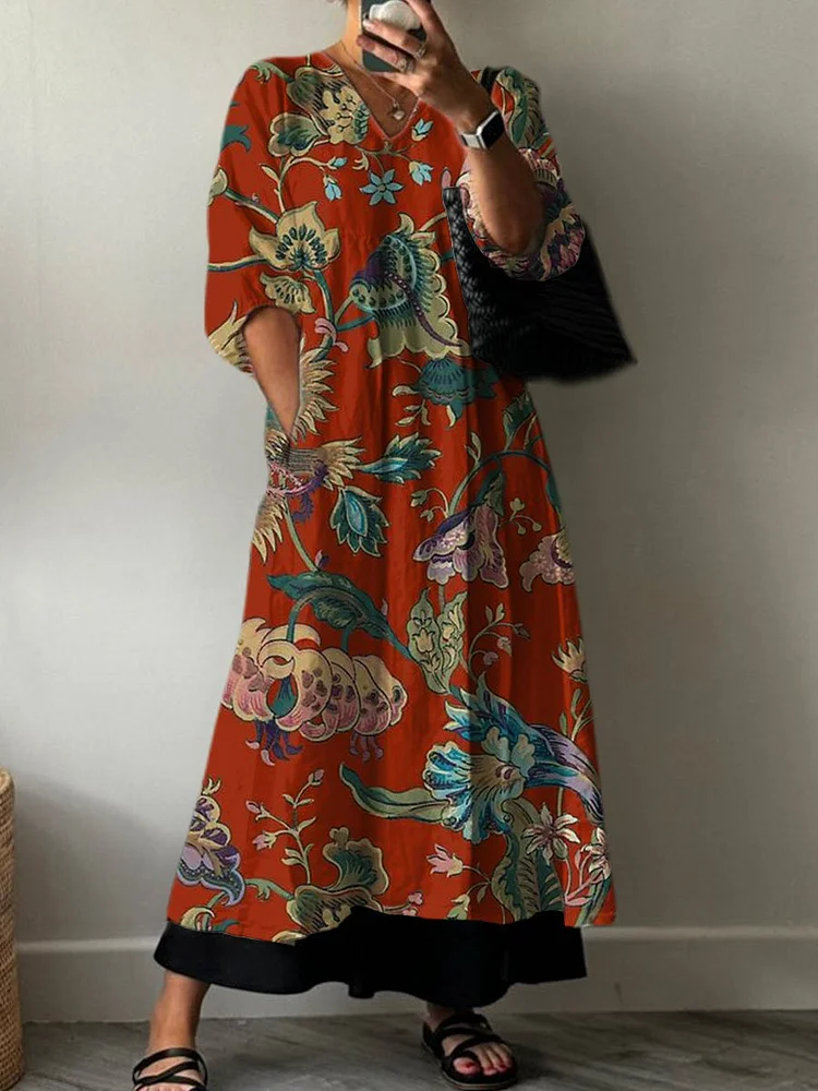 Women's Boho Vintage Floral Print Pocket V-neck Cotton Dress