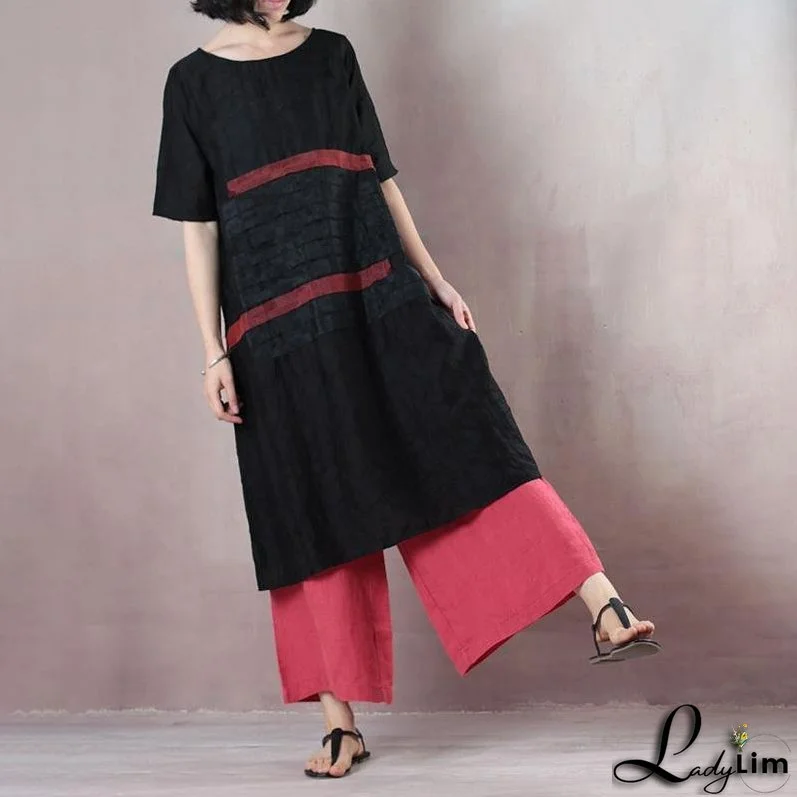Summer Round Neck Patch Work Stripe Black Dress