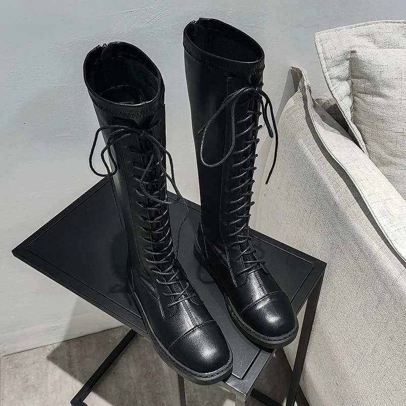 2021 Autumn Sexy Fashion High Heels Knee-length Rubber Thick-soled Non-slip Lace-up High Boots Women's Rear Zipper Chelsea Boots