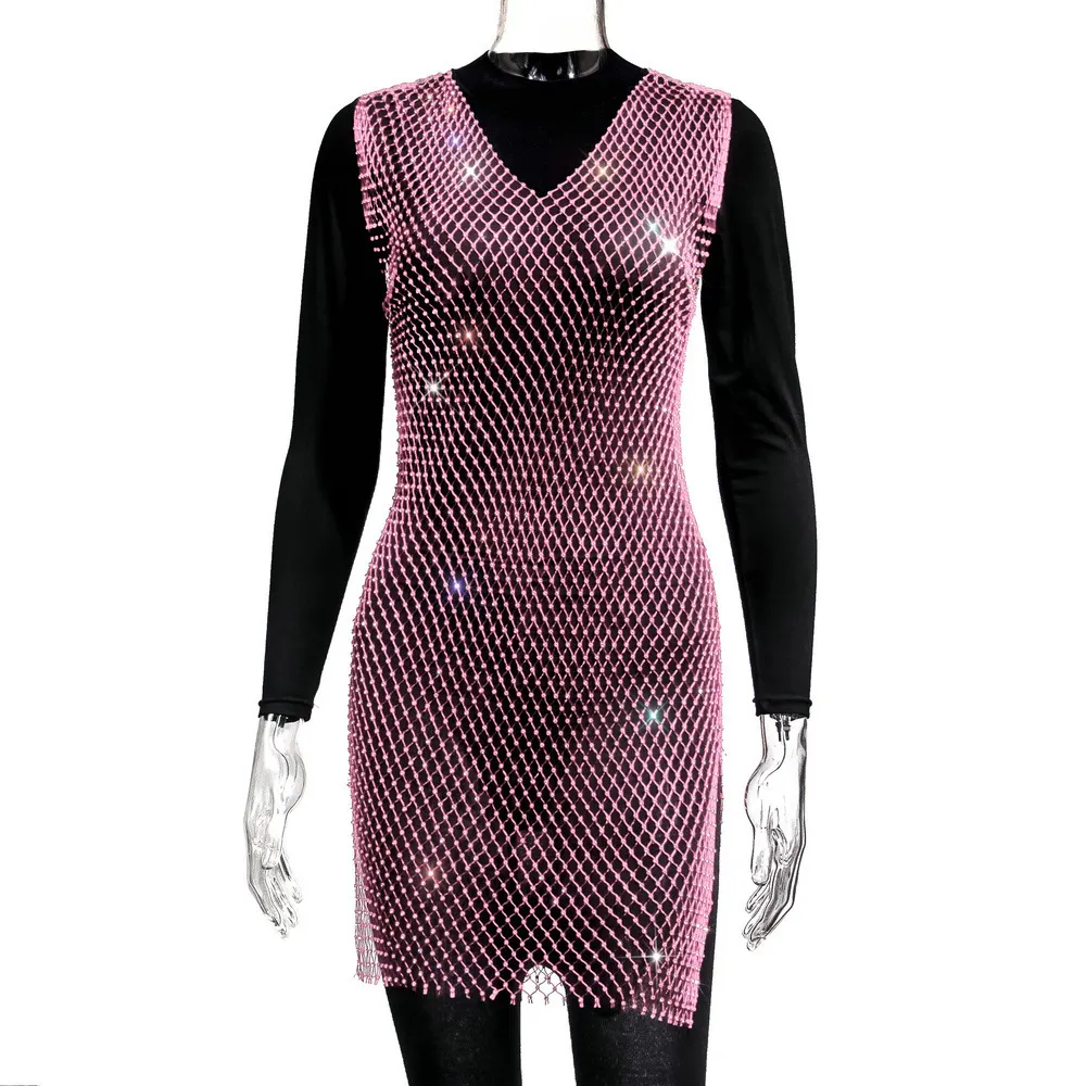 Brownm Brownm Summer New Sexy V-Neck Short Hollow Mesh Dress Y1002