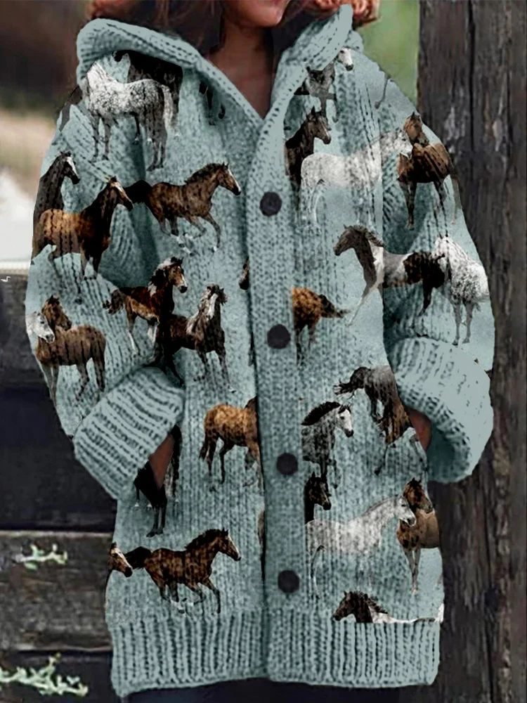 Western Wild Horses Pattern Cozy Knit Hooded Cardigan