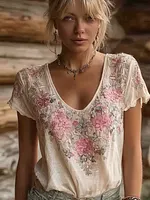 Bohemian Style Floral And Butterfly Pattern Women's T-shirt